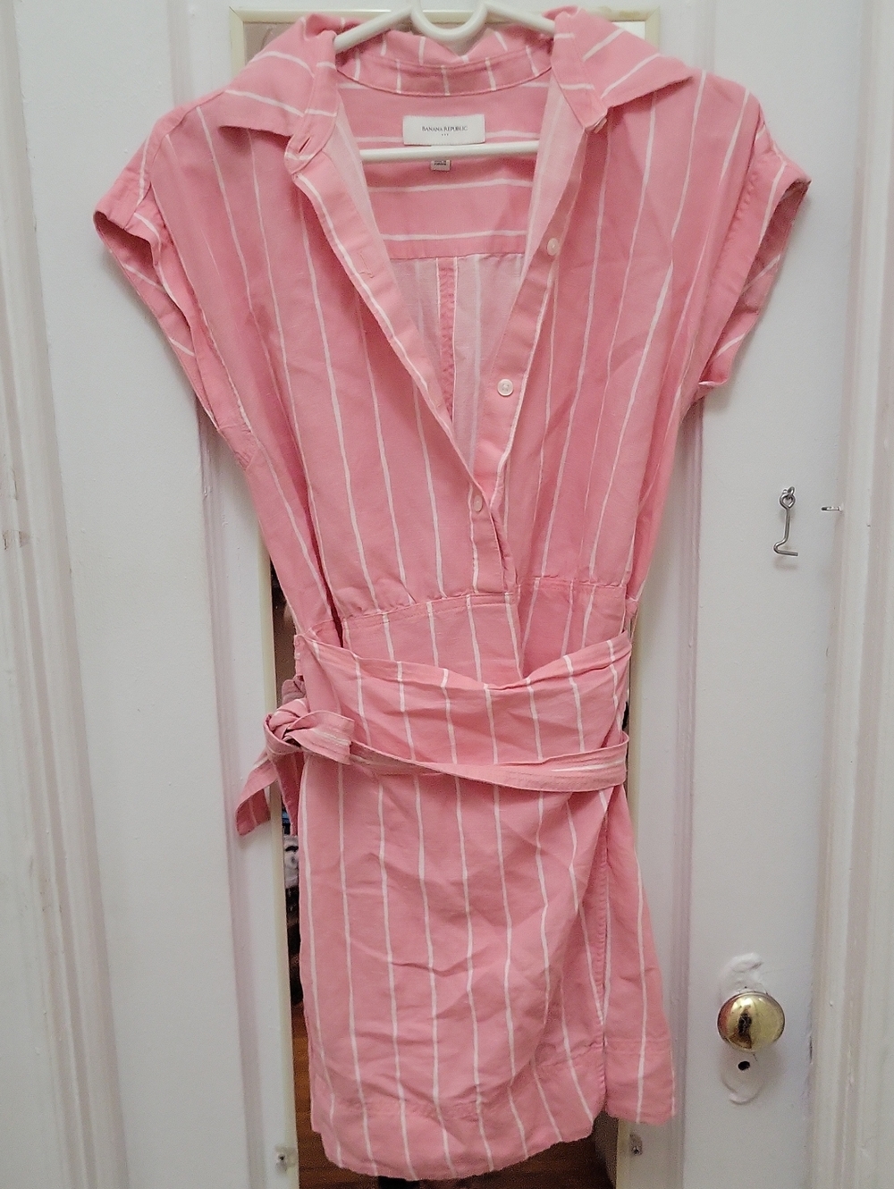 Banana Republic Pink and White Striped Linen Cotton Shirt Dress with Waist Tie